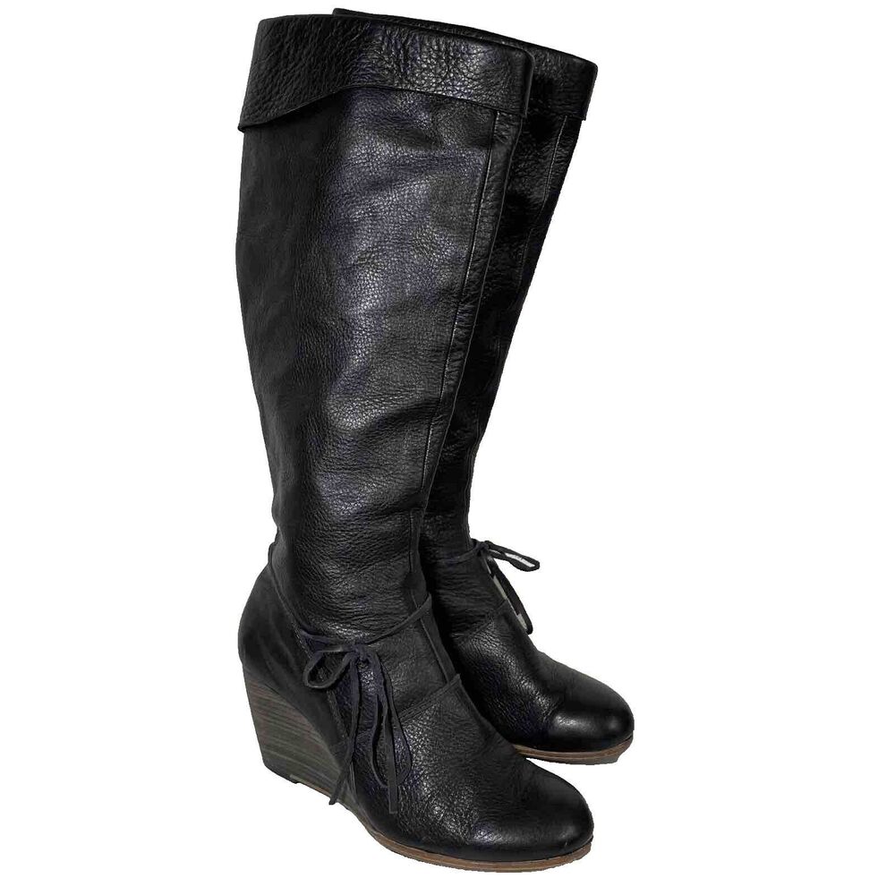 Coclico Black Pebble Leather Knee High Wedge Boots Wood Heel Size 37 US 6.5 / 7